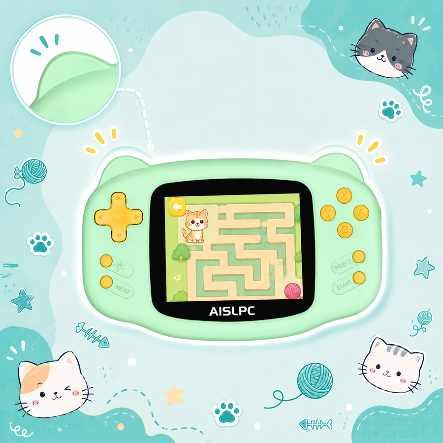 Green AISLPC RG-K32B retro handheld game console with a cat maze game on screen, surrounded by cute cat-themed illustrations.