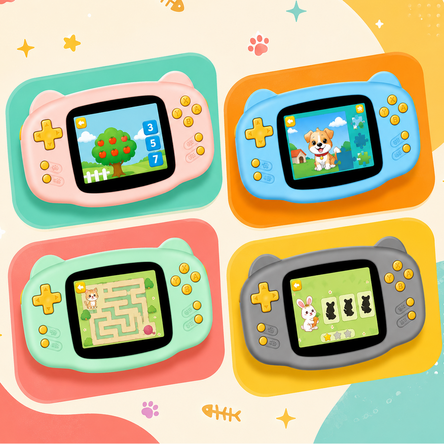 Four AISLPC RG K32B cat-themed handheld game consoles in pink, blue, mint, and gray, showing kid-friendly game screens.