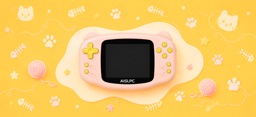 AISLPC RG-K32B pink retro handheld game console featured on a cute cat-themed yellow banner with paw prints, fish bones, stars, and yarn balls.