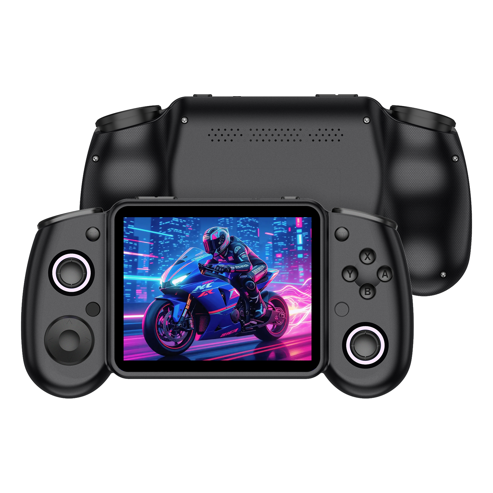Black RG43H PRO retro gaming handheld console shown from the front and back, featuring a motorcycle racing game display, dual joysticks, and rear speaker holes.