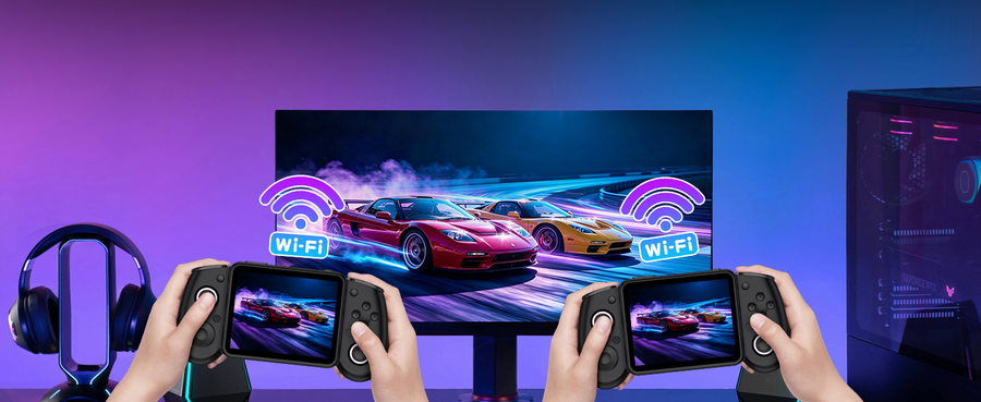 Black RG43H PRO retro gaming handheld consoles connected to a monitor via WiFi, showing multiplayer racing gameplay with wireless connection icons in a neon gaming setup.