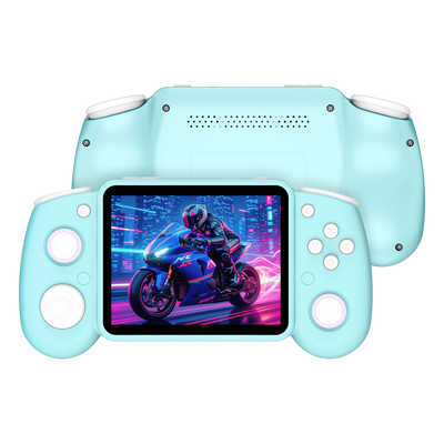 Light blue RG43H PRO retro gaming handheld console shown from the front and back, featuring white controls, rear speaker holes, and a neon motorcycle game display.