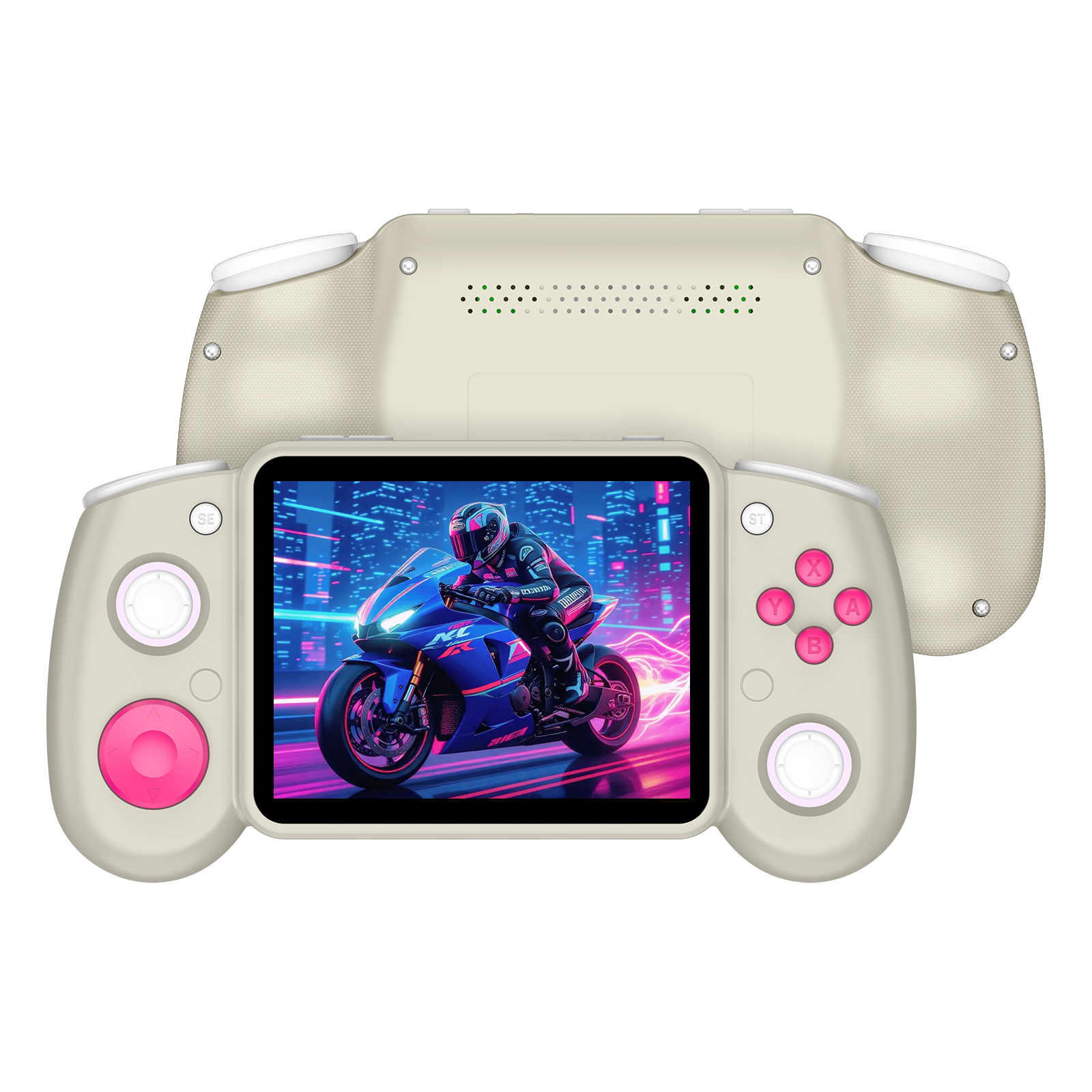 White RG43H PRO retro gaming handheld console shown from the front and back, featuring pink controls, dual RGB joysticks, rear speaker holes, and a neon motorcycle game display.