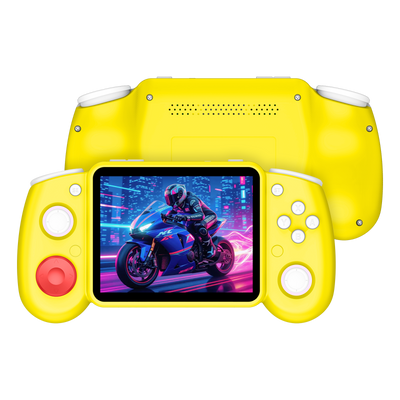 Yellow RG43H PRO retro gaming handheld console shown from the front and back, featuring white buttons, a red joystick, RGB lighting, rear speaker holes, and a neon motorcycle game display.