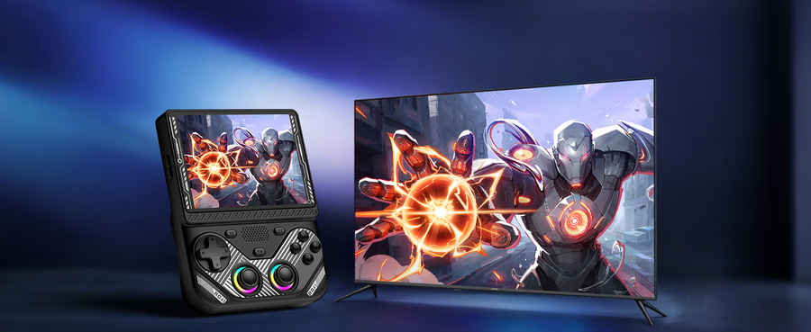 Black RG43V PRO retro gaming handheld console displayed beside a large screen, showing synchronized action game visuals with dual RGB joysticks in a dark gaming setup.