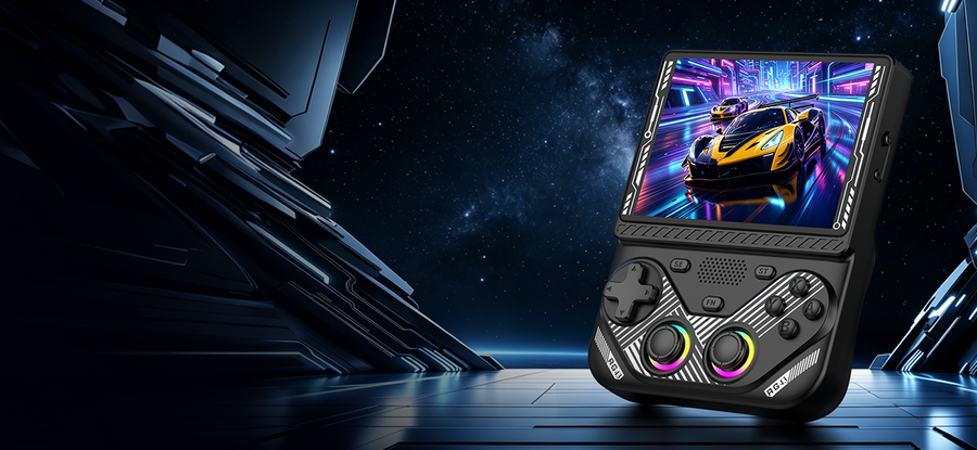 Black RG43V PRO retro gaming handheld console displayed in a futuristic space station banner, featuring dual RGB joysticks and a racing game on the screen.