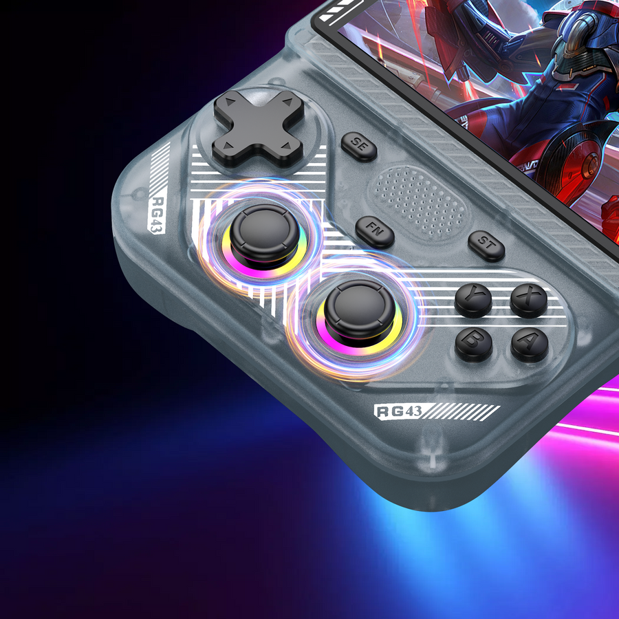 Close-up of the silver RG43V PRO retro handheld console, highlighting dual RGB joysticks, translucent shell design, and control buttons against a neon gaming background.