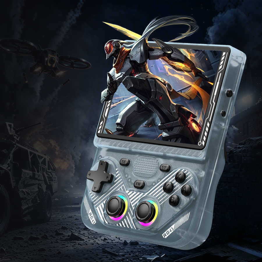 Silver RG43V PRO retro gaming handheld console with a transparent shell and dual RGB joysticks, showing an action game character on the display in a dark sci-fi battle scene.