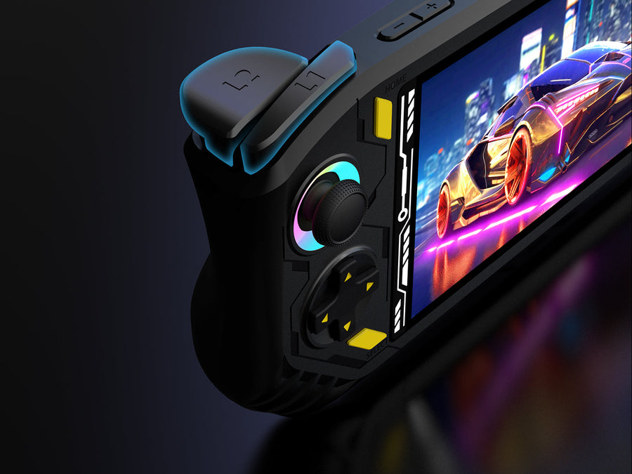 Black RG52 MINI retro gaming handheld console shown from a side close-up view, featuring a racing game display, RGB joystick, D-pad, and shoulder buttons.