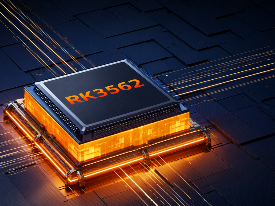 RK3562 processor chip with orange neon circuit effects, highlighting performance hardware for the RG52 MINI retro gaming handheld console.
