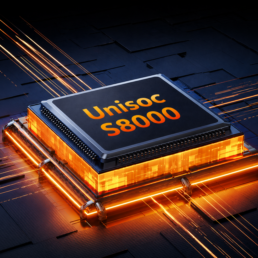 Unisoc S8000 processor chip with orange neon circuit effects, highlighting performance hardware for the RG52 PRO MAX retro gaming handheld console.