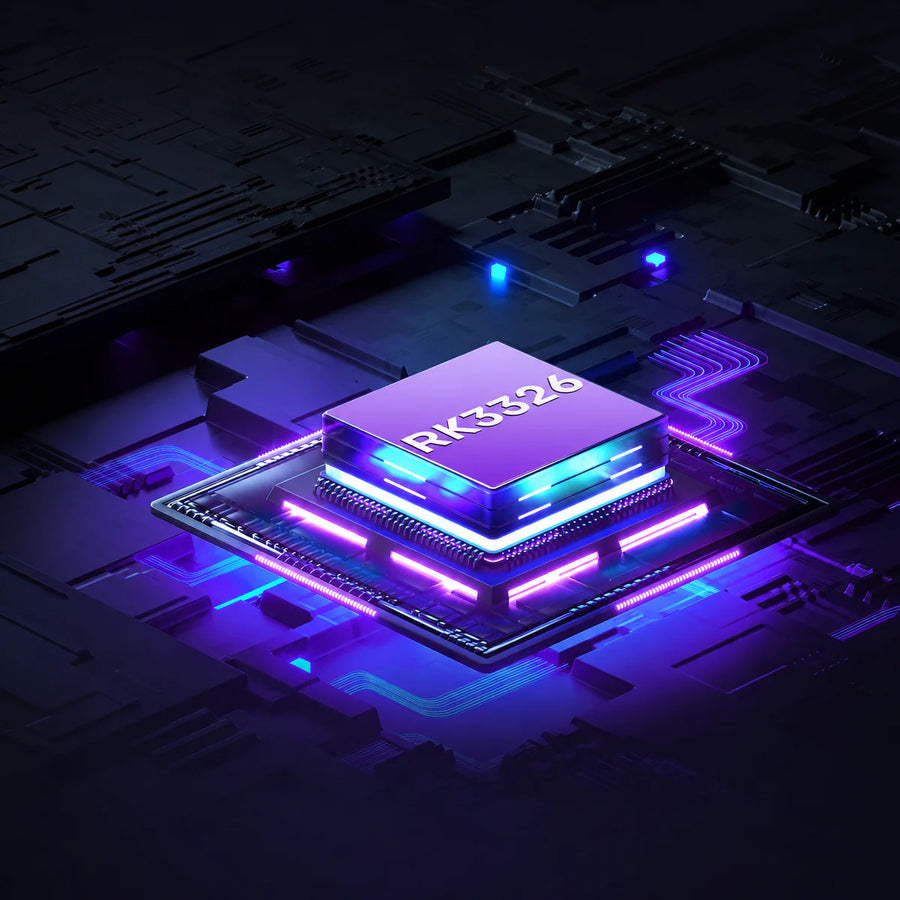 Neon-lit RK3326 processor chip on a futuristic circuit board, highlighting powerful performance hardware for retro gaming handheld consoles.