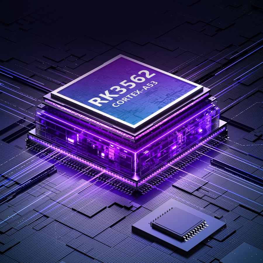 RK3562 Cortex-A53 processor chip with purple neon circuit effects, highlighting performance hardware for AISLPC retro gaming handheld consoles.