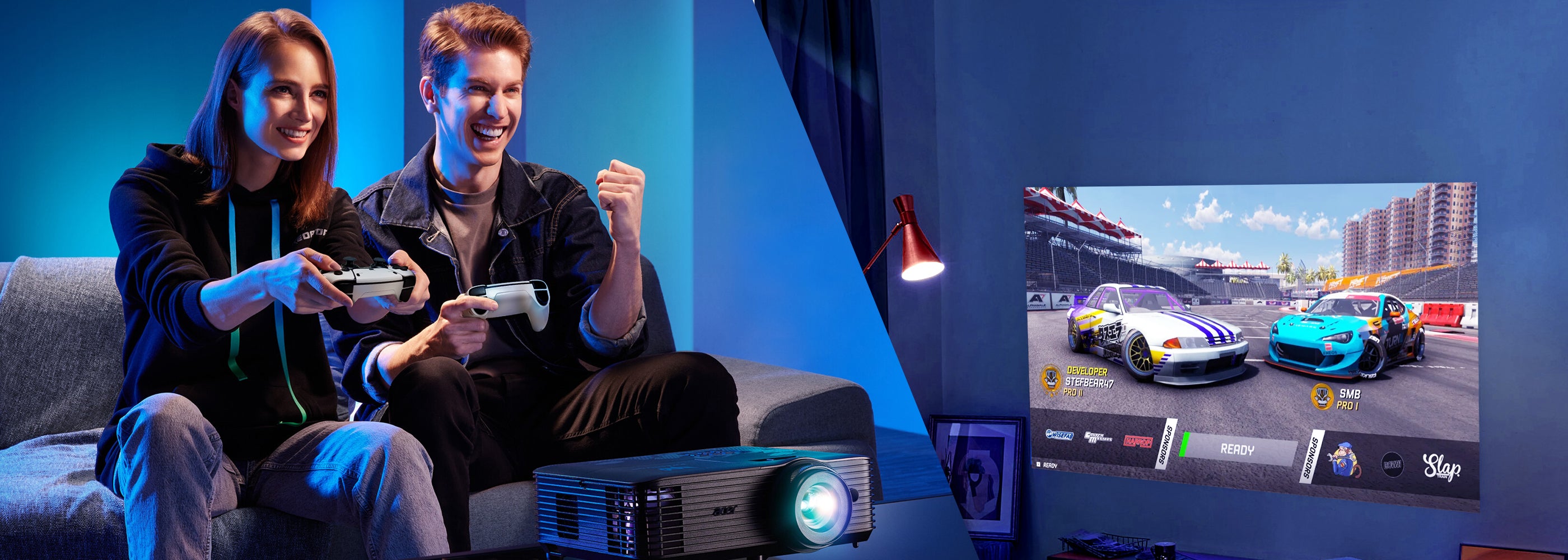 White M15 Plus projector gaming banner showing two players using controllers while a racing game is projected onto a large screen in a home entertainment room.