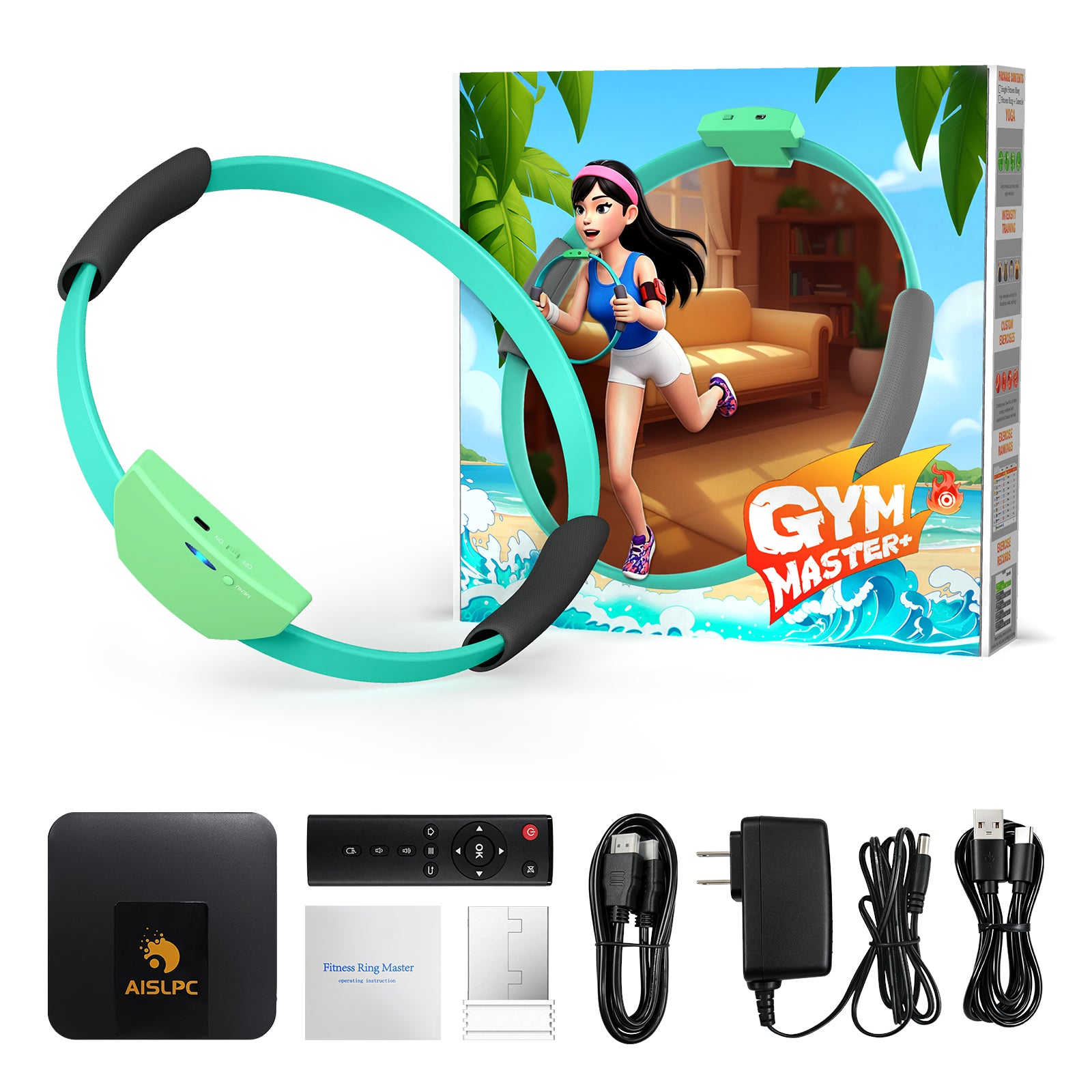 AISLPC family motion game system full set with fitness ring, Gym Master game box, console, remote control, cables, adapter, stand, and user manual.
