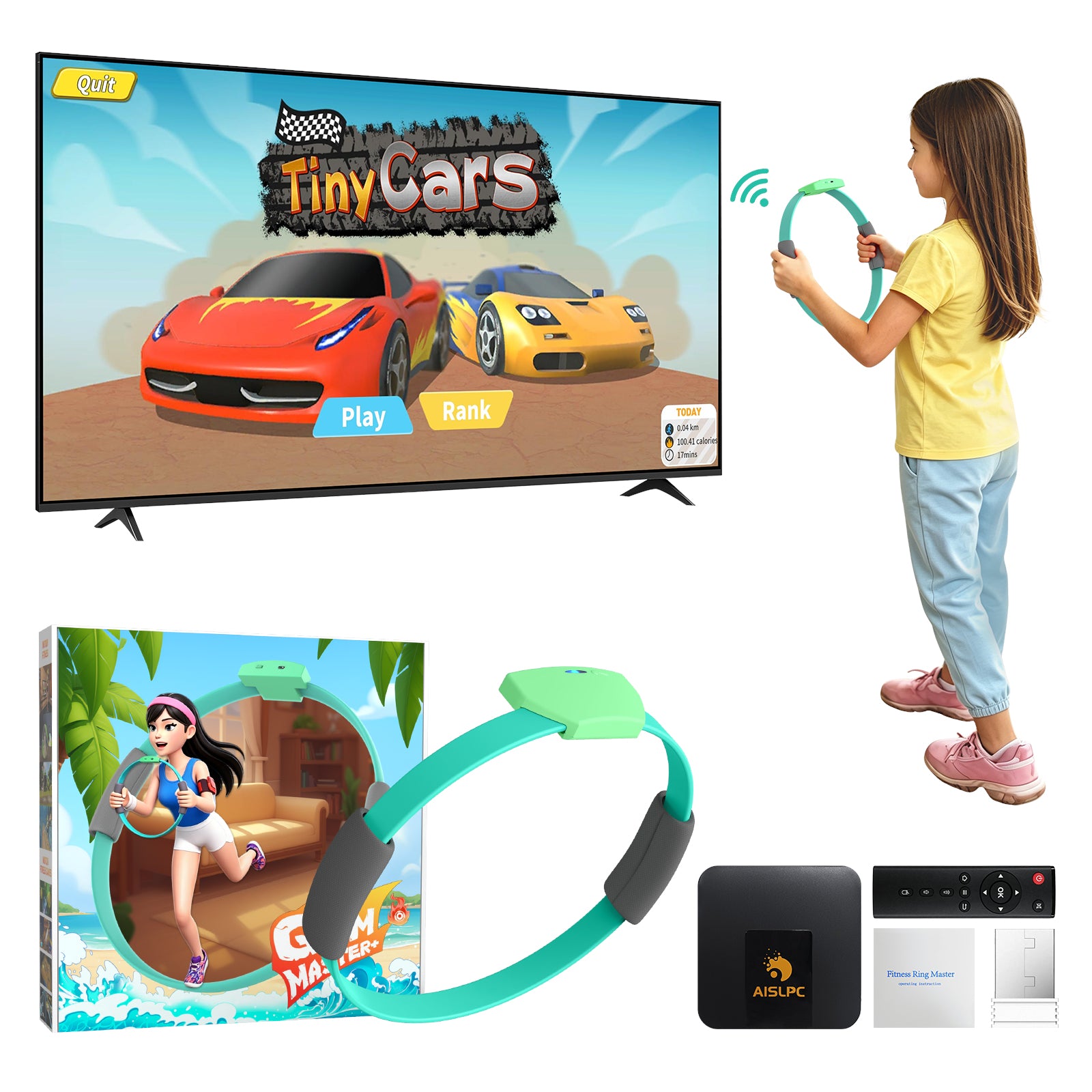 AISLPC family motion game system showing a child playing a TV racing game with a fitness ring controller, including the game box, wireless receiver, remote, and accessories.