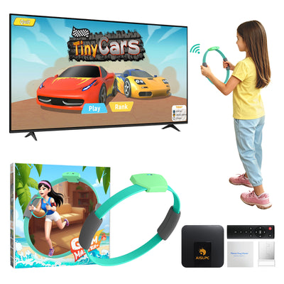 AISLPC family motion game system showing a child playing a TV racing game with a fitness ring controller, including the game box, wireless receiver, remote, and accessories.