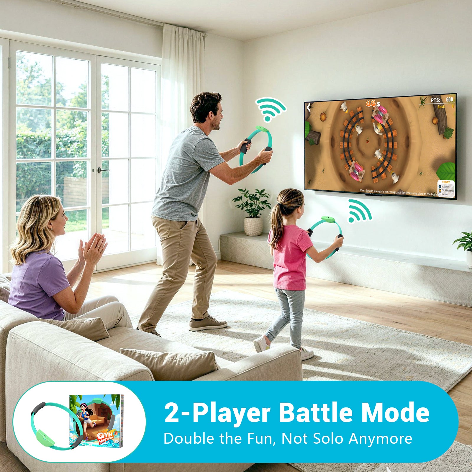 AISLPC family motion game system showing 2-player battle mode with fitness ring controllers for interactive TV gaming at home.