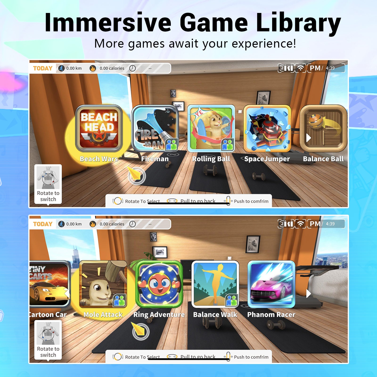 AISLPC family motion game system immersive game library display showing multiple interactive games such as Beach Wars, Ring Adventure, Balance Walk, and Phantom Racer.